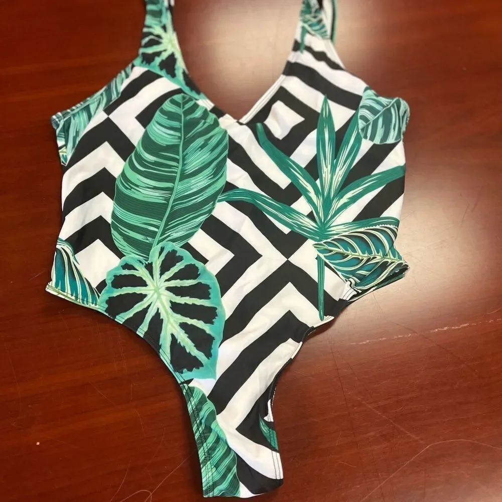 Tropical Leaves & Striped High Cut Swimsuit 0X or 16
